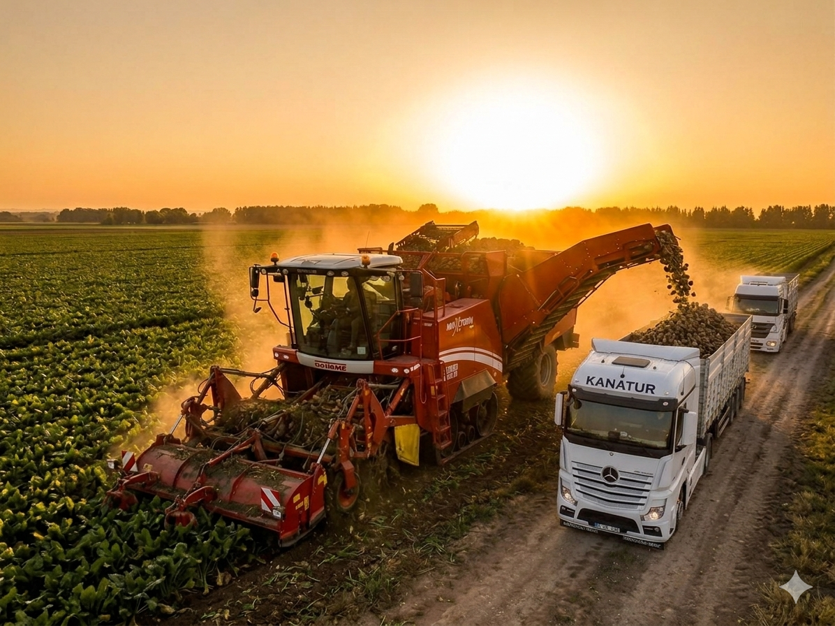 Grimme sugar beet harvester at sunset